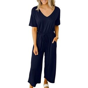 V-Neck Elastic Waist Wide Leg Cropped Pant Navy Jumpsuit Sz L